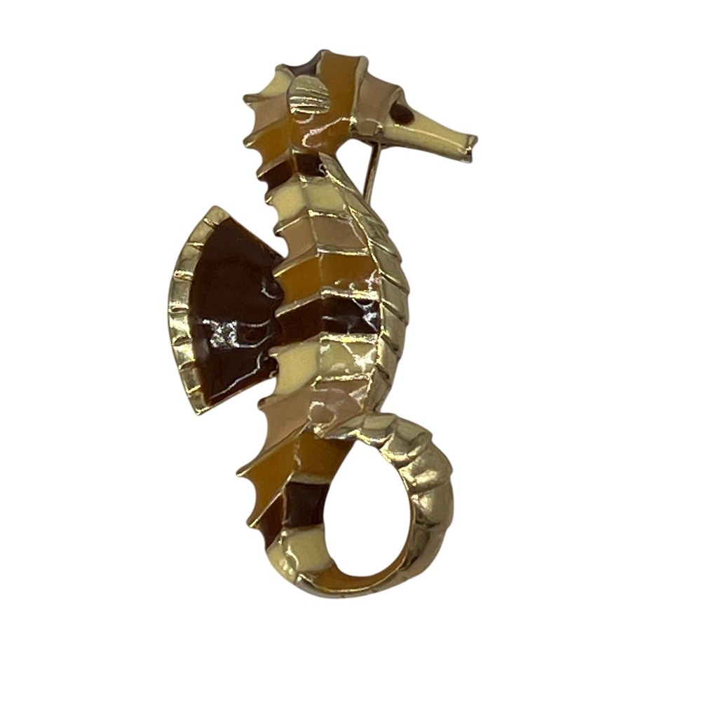 Hobe Seahorse Converter‎ Brooch Pendant Vintage Gold Tone Brown Enamel Jewelry